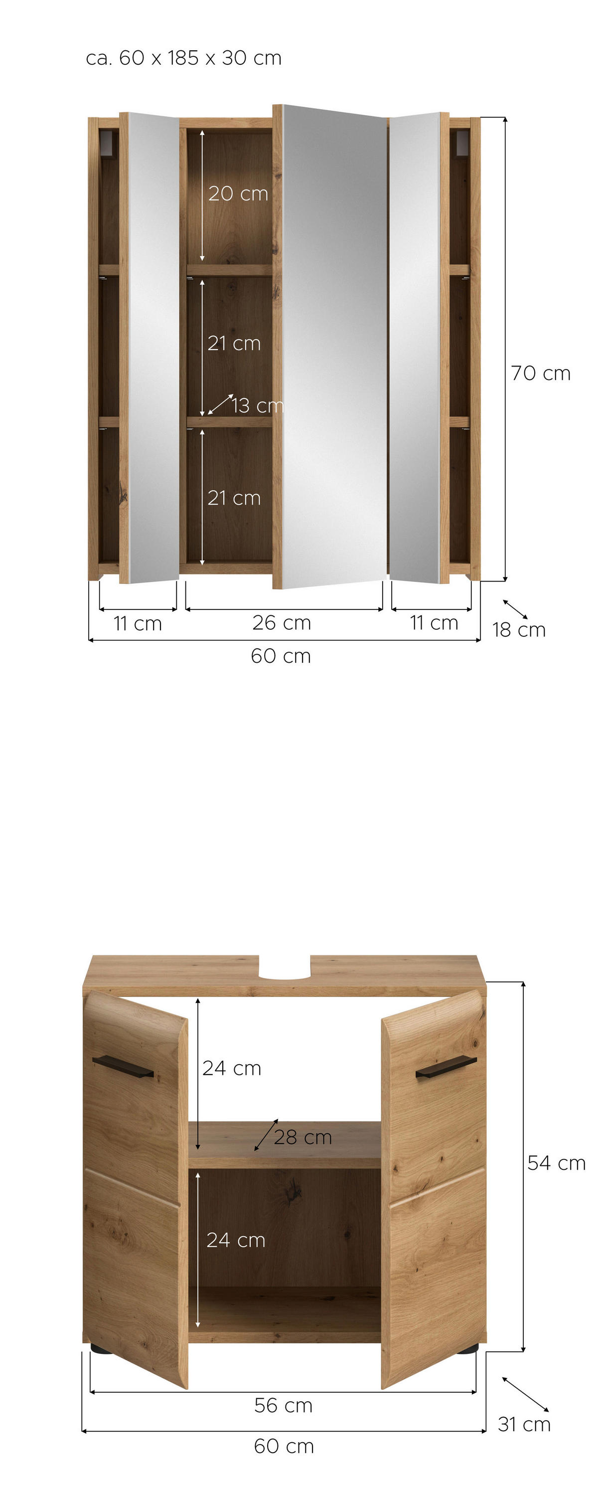 Badezimmer-Set Ice Artisan Oak Nachbildung B/H/T: ca. 60x185x30 cm Ice - (60,00/185,00/30,00cm) - xonox.home
