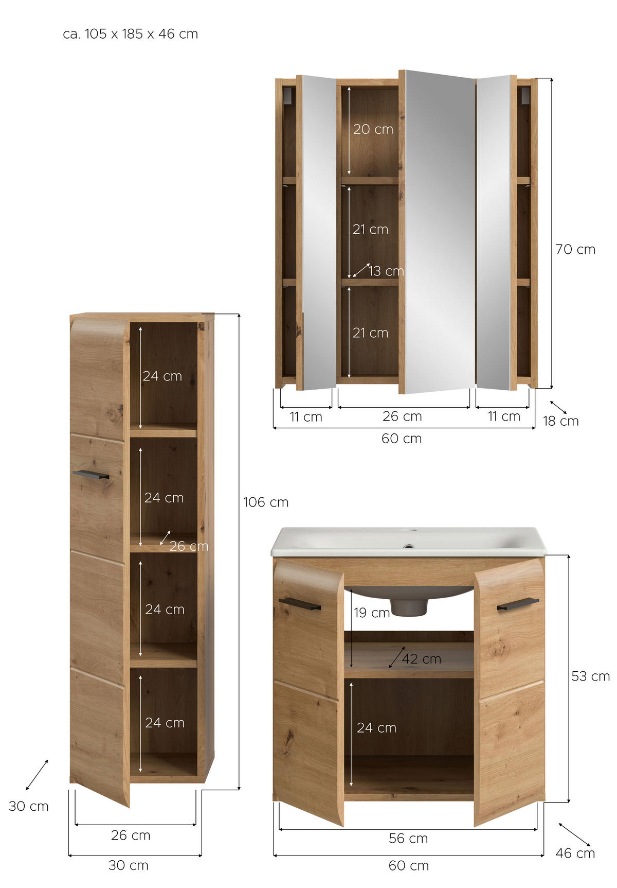 Badezimmer-Set Ice Artisan Oak Nachbildung B/H/T: ca. 105x185x46 cm Ice - (105,00/185,00/46,00cm) - xonox.home