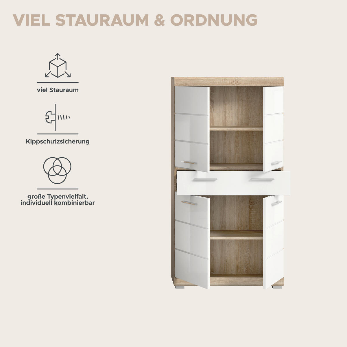 Midischrank Lambada Eiche Sonoma Nachbildung weiß Hochglanz B/H/T: ca. 74x141x31 cm Lambada - Eiche/weiß (74,00/141,00/31,00cm) - xonox.home