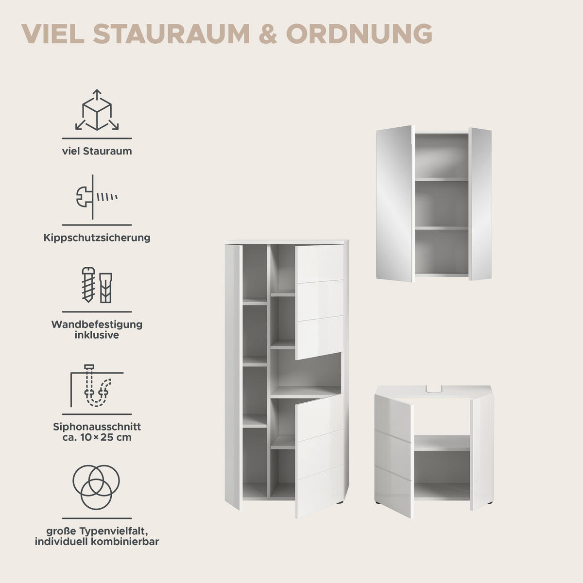 Badezimmer-Set VIRA weiß weiß Hochglanz B/H/T: ca. 135x190x34 cm VIRA - weiß (135,00/190,00/34,00cm) - xonox.home