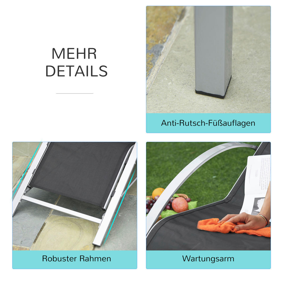 Outsunny Gartenliege-Set mit Tisch schwarz Metall B/H/T: ca. 59x66x169 cm Gartenliege-Set mit Tisch - schwarz (59,00/66,00/169,00cm) - Outsunny