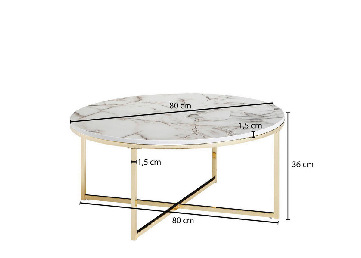Wohnling Couchtisch weiß Marmor gold MDF Stahl B/H/T: ca. 80x35x80 cm Couchtisch - gold/weiß (80,00/35,00/80,00cm) - Wohnling