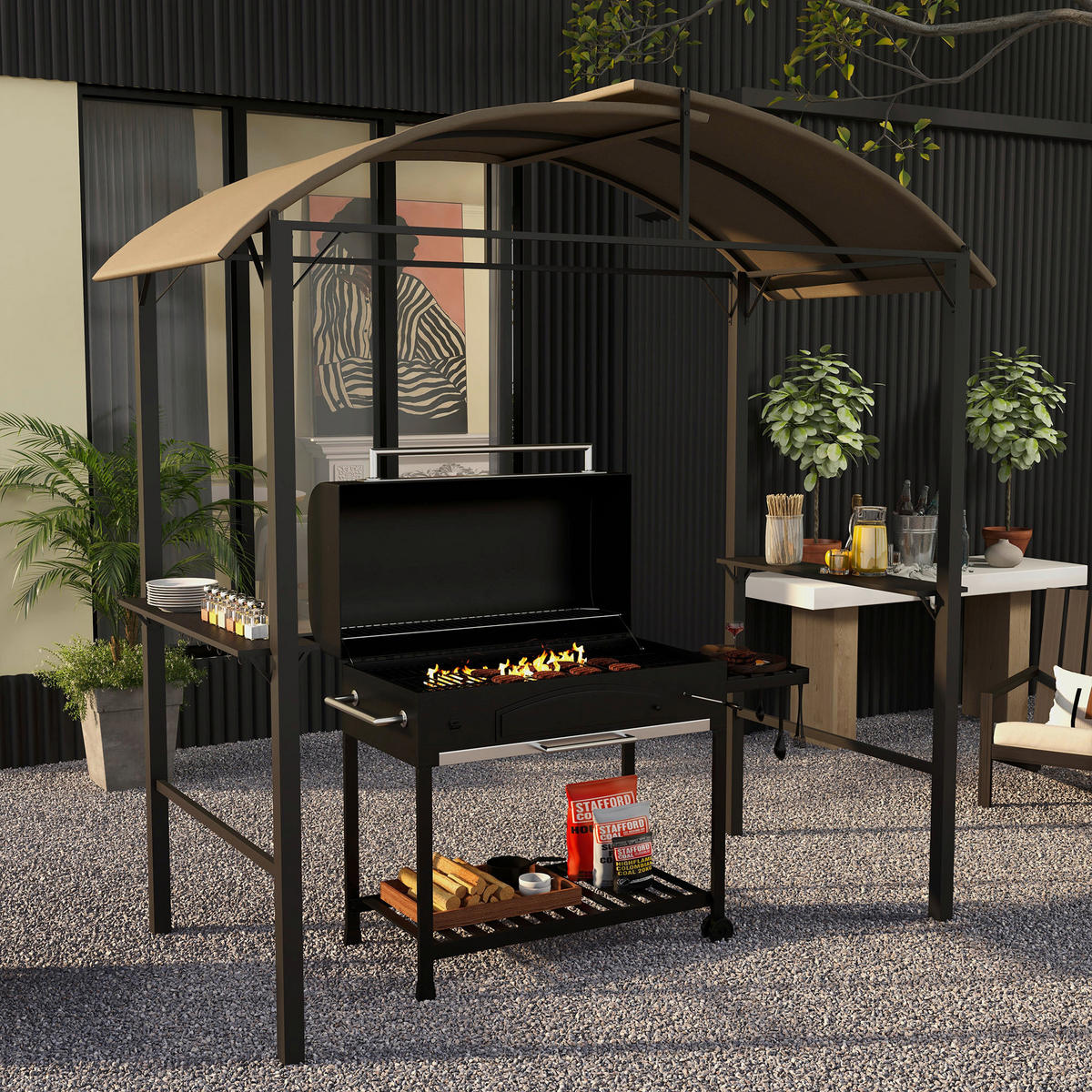Outsunny Grillpavillon khaki Stahl B/H/L: ca. 110x235x233 cm Grillpavillon - khaki (233,00/110,00/235,00cm) - Outsunny