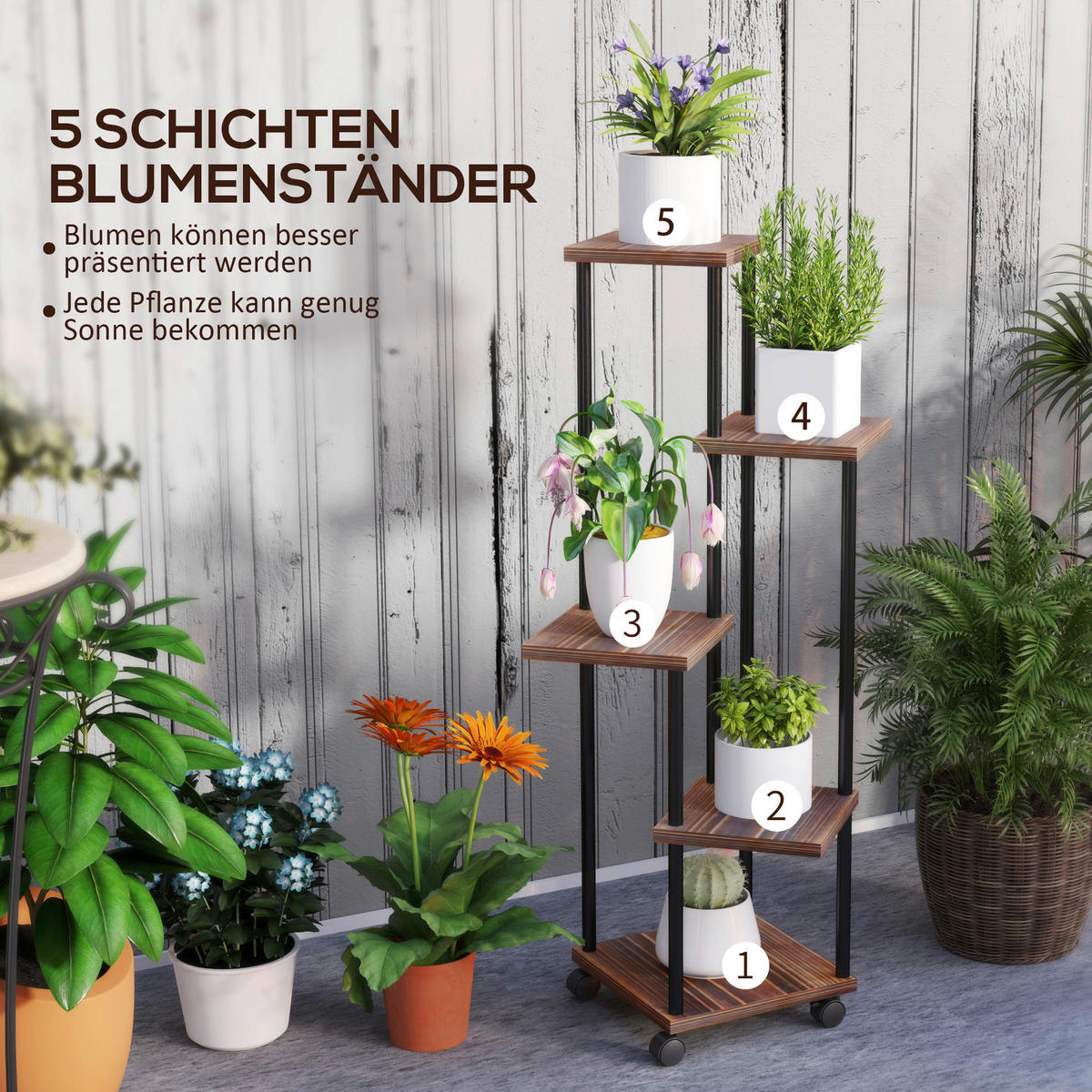 Outsunny Pflanzenständer braun Holz B/H/L: ca. 59x110x59 cm Pflanzenständer - braun/schwarz (59,00/59,00/110,00cm) - Outsunny