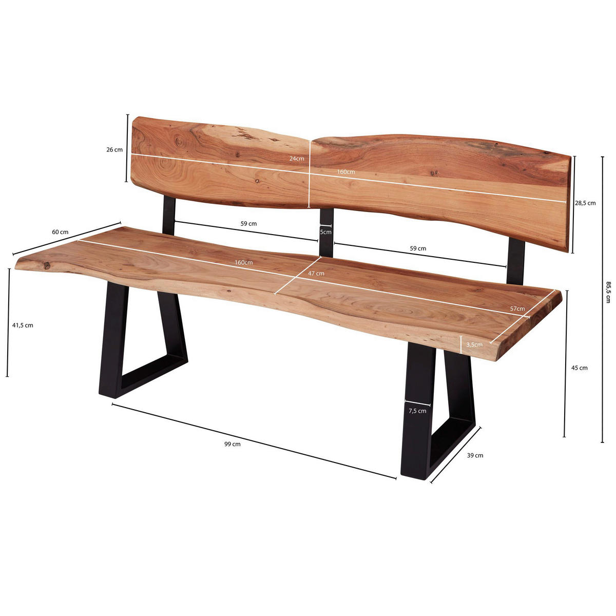 Eckbank natur schwarz B/H/T: ca. 160x85,5x60 cm Esszimmerbank - natur/schwarz (160,00/85,50/60,00cm) - Wohnling