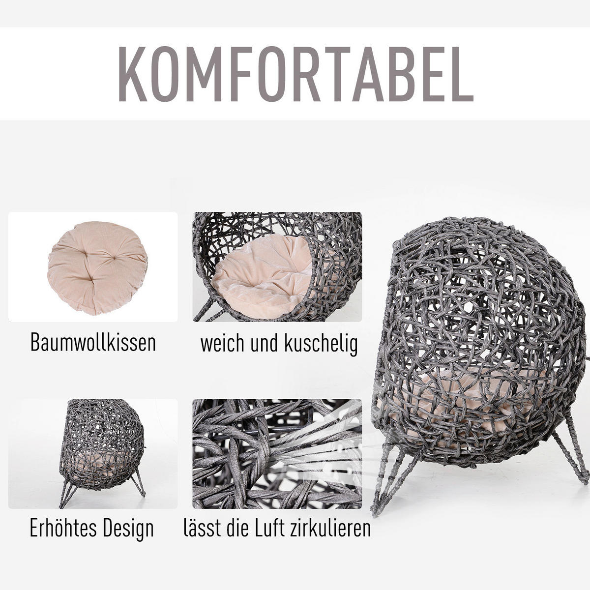 PawHut Katzenkorb Silbergrau Rattan B/H/L: ca. 52x58x52 cm Katzenkorb - Silbergrau (52,00/52,00/58,00cm) - PawHut