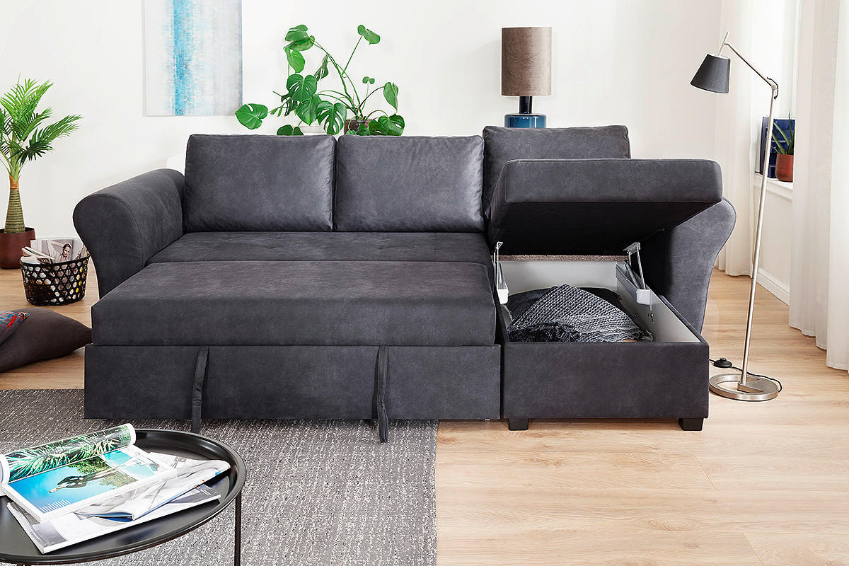 Ecksofa mit Bettfunktion und Bettkasten anthrazit B/H/T: ca. 260x89x155 cm Lasse_2F/REC/BK_Ecksofa - schwarz/anthrazit (260,00/89,00/155,00cm)