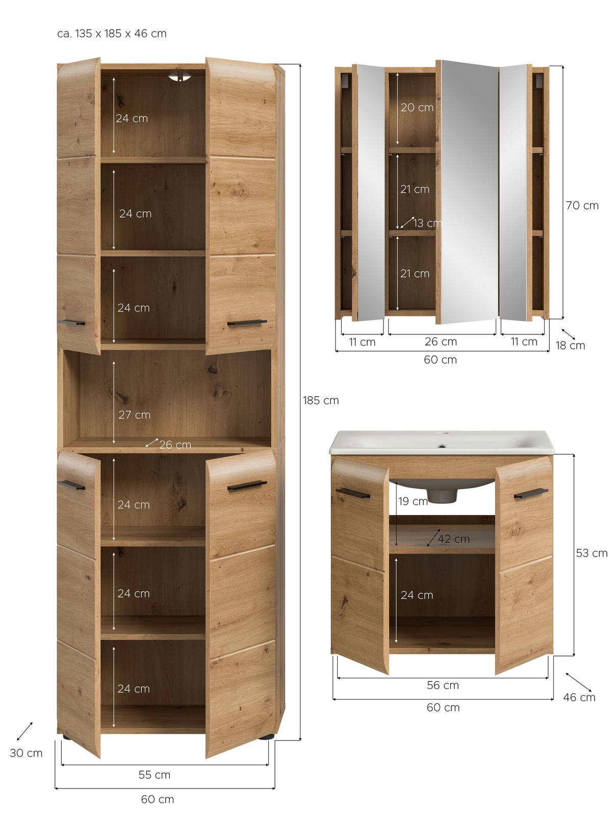 Badezimmer-Set Ice Artisan Oak Nachbildung B/H/T: ca. 135x185x46 cm Ice - (135,00/185,00/46,00cm) - xonox.home