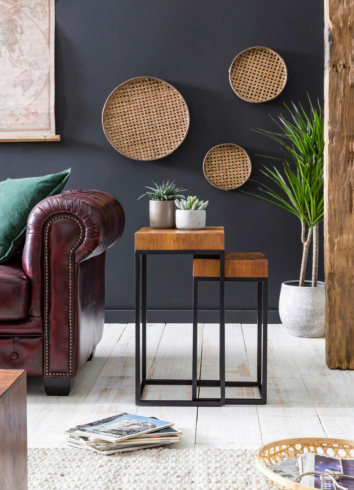 Beistelltisch 2er-Set natur schwarz lackiert Echtholz Eisen 2er-Set - natur/schwarz - Wohnling