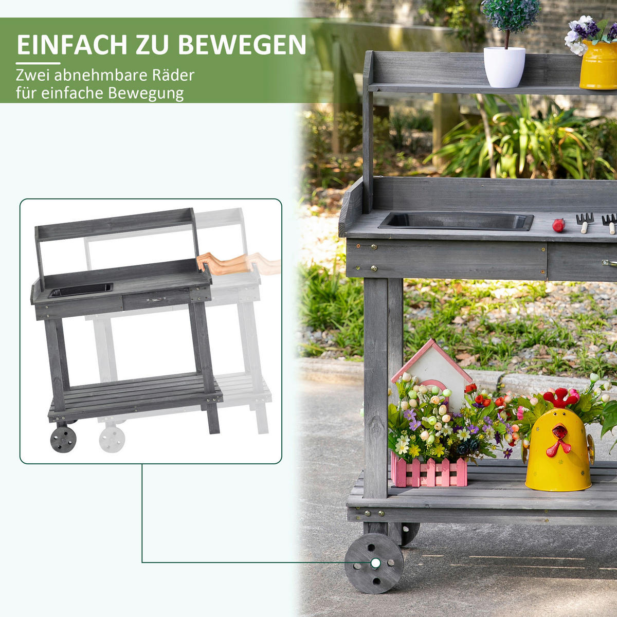 Outsunny Pflanztisch mit Rollen grau B/H/L: ca. 45x119x92 cm Gärtnertisch 845-460GY - grau (92,00/45,00/119,00cm) - Outsunny