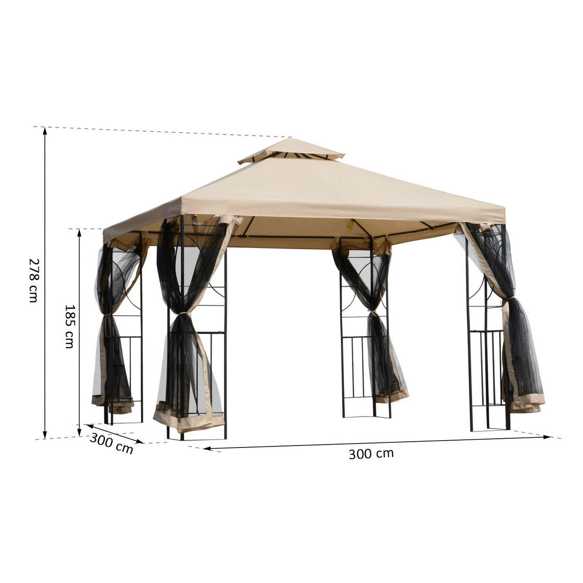 Outsunny Pavillon beige Metall B/H/T: ca. 300x278x300 cm Metallpavillon_mit_Moskitonetz - beige (300,00/278,00/300,00cm) - Outsunny