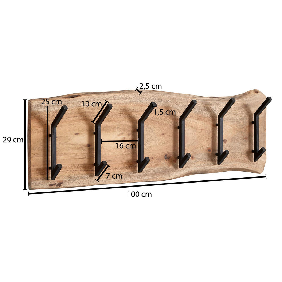 Wandgarderobe natur schwarz pulverbeschichtet B/H/T: ca. 100x29x12,5 cm Wandgarderobe - natur/schwarz (100,00/29,00/12,50cm) - Wohnling