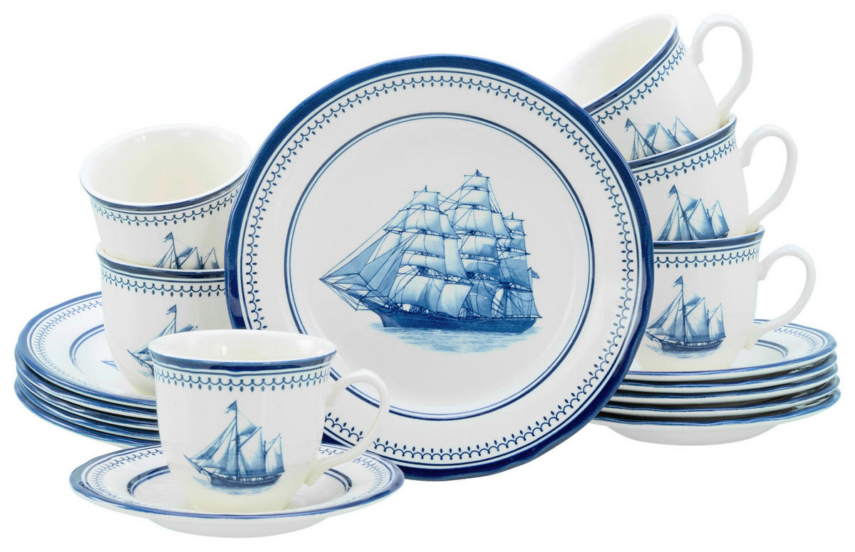 CreaTable Kaffeeservice Segelschiff blau Steingut 18 tlg. Segelschiff - blau/weiß - CreaTable
