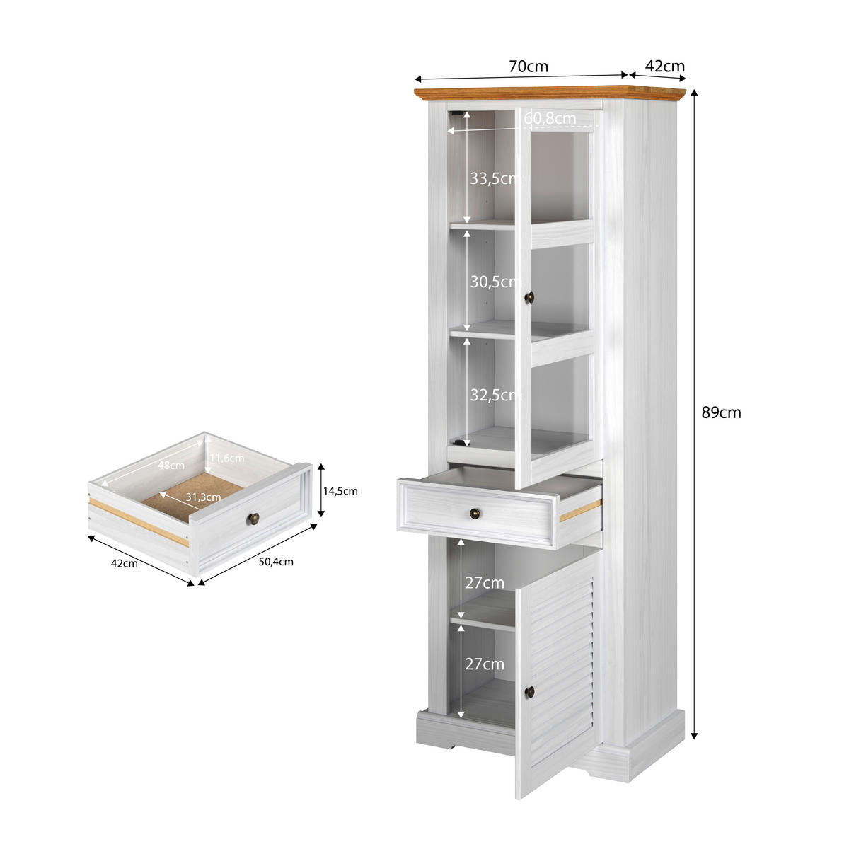 Vitrine Breda B/H/T: ca. 70x195x42 cm Breda - weiß/honig (70,00/195,00/42,00cm)