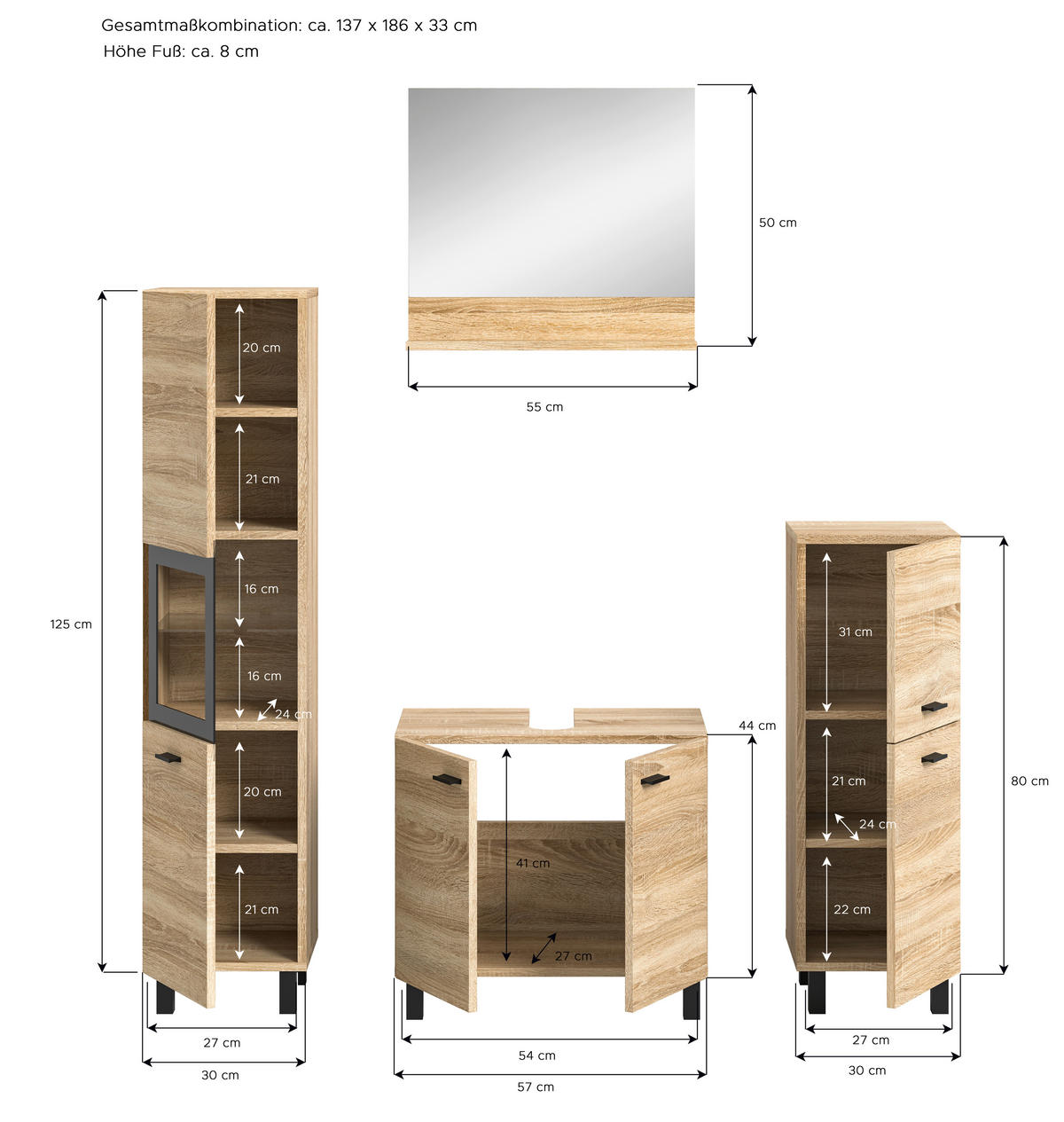Badezimmer-Set BOSTON Eiche Sonoma Nachbildung schwarz B/H/T: ca. 137x186x33 cm BOSTON - Eiche/schwarz (137,00/186,00/33,00cm) - xonox.home