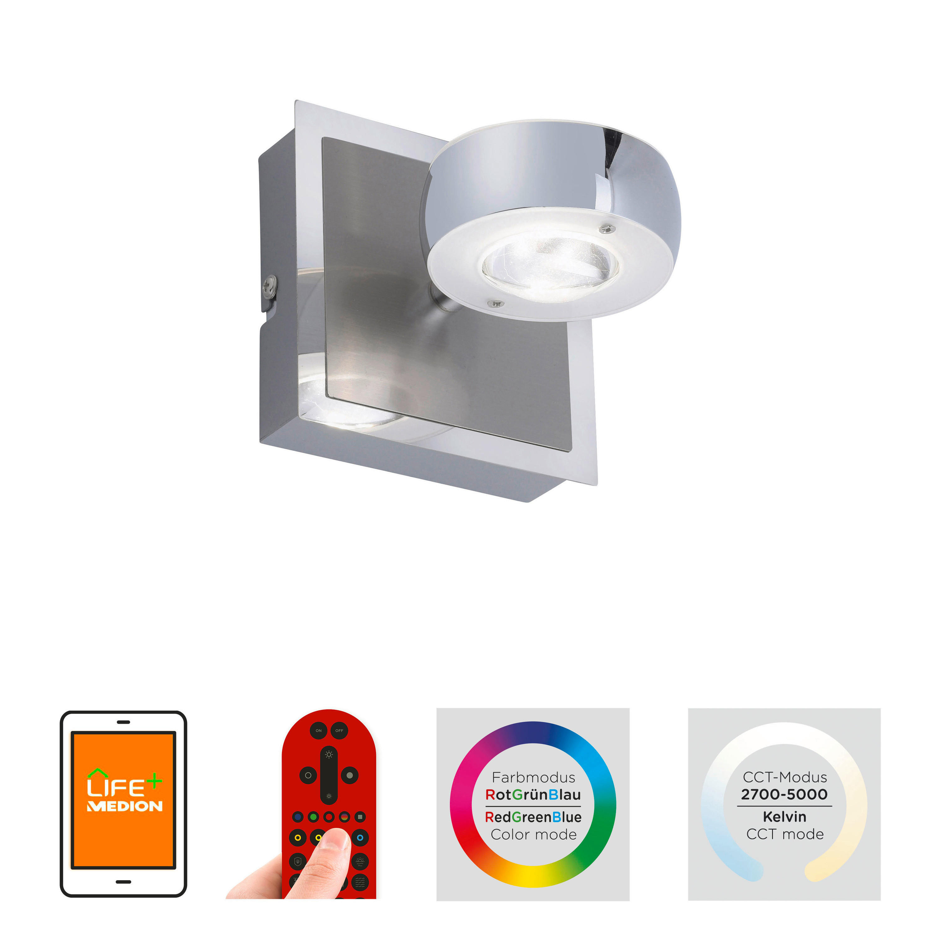 Just Light Smarte Wandleuchte 12471-55 stahlfarbig Chrom transparent Metall Kunststoff B/H/T: ca. 12x14x12 cm LED-Wandleuchte_Opti - stahlfarbig/Chrom (12,00/14,00/12,00cm) - Just Light