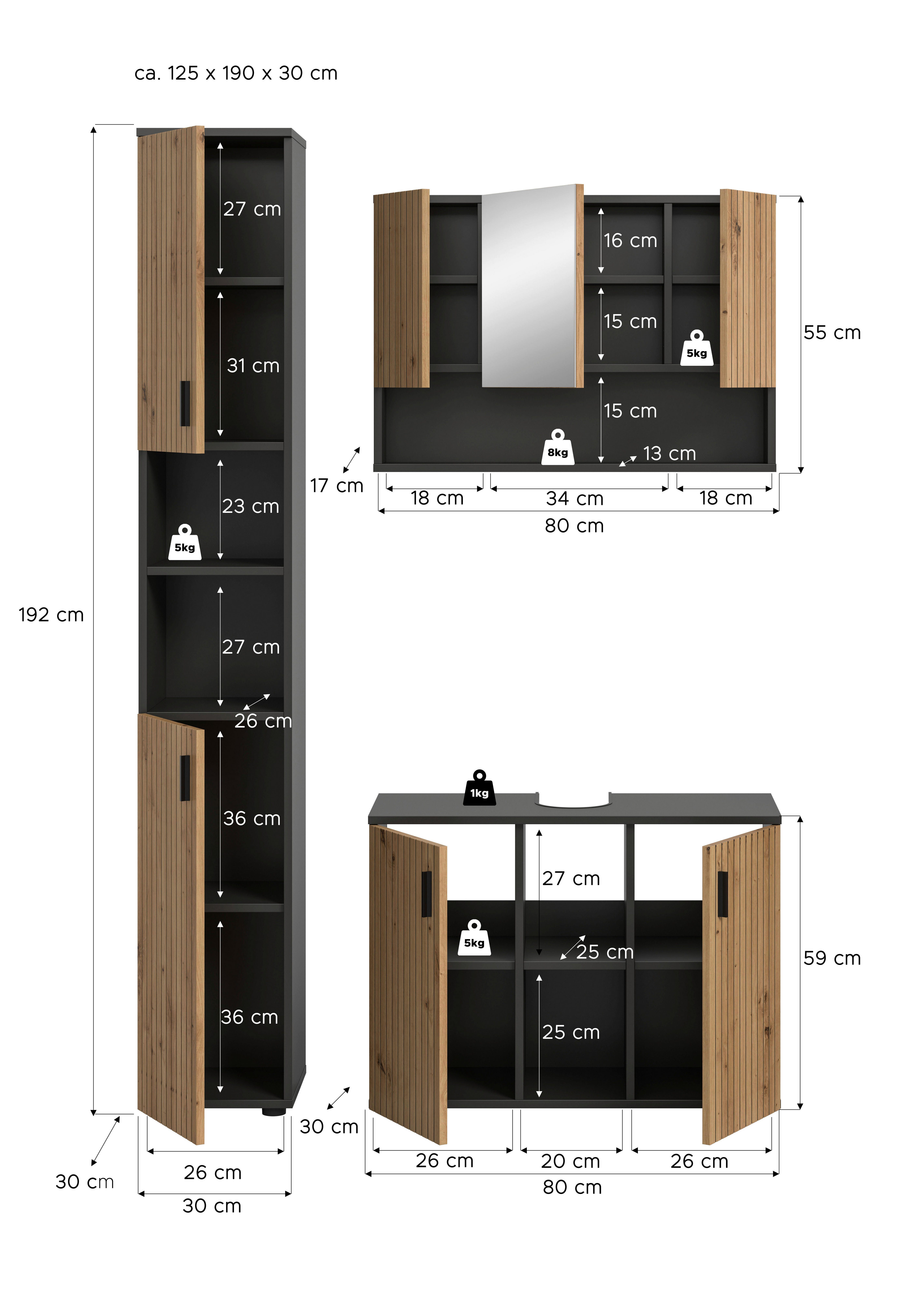 Badezimmer-Set Mone Basalt Nachbildung Artisan Oak Nachbildung B/H/T: ca. 125x192x30 cm Mone - Basalt (125,00/192,00/30,00cm) - xonox.home
