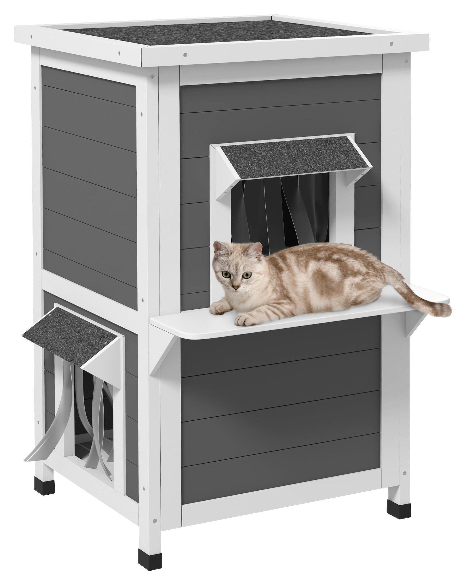 PawHut Katzen-Zubehör weiß Holz B/H/L: ca. 60x60x81,5 cm Katzenhaus - weiß/grau (81,50/60,00/60,00cm) - PawHut