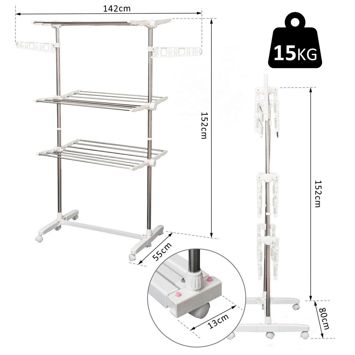 HOMCOM Wäscheständer silber Wäscheständer_mobil - silber (142,00/55,00/152,00cm) - HOMCOM