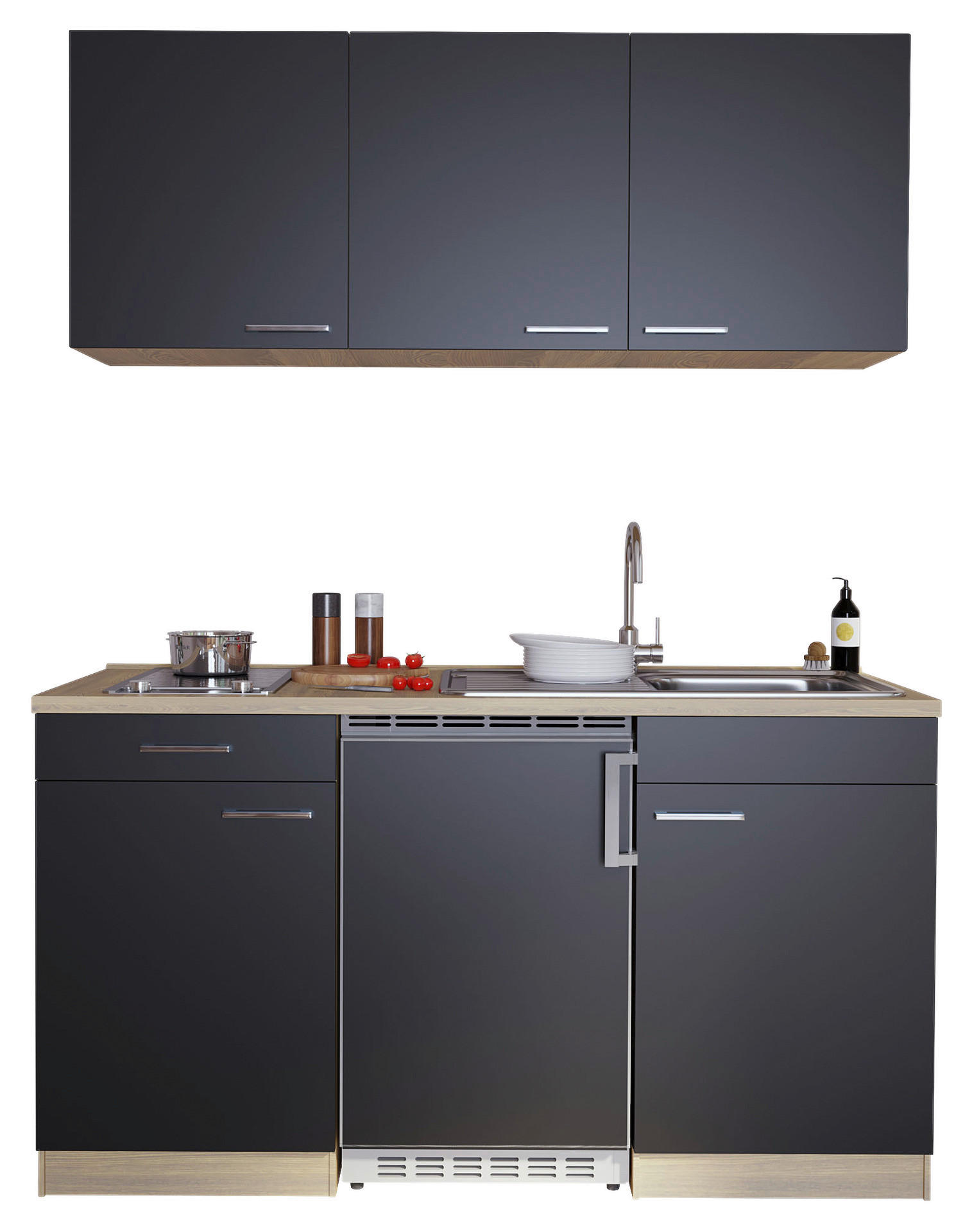 Respekta Singleküche Economy schwarz matt B/H/T: ca. 150x200x60 cm Economy - Eiche/schwarz (150,00/200,00/60,00cm) - Respekta