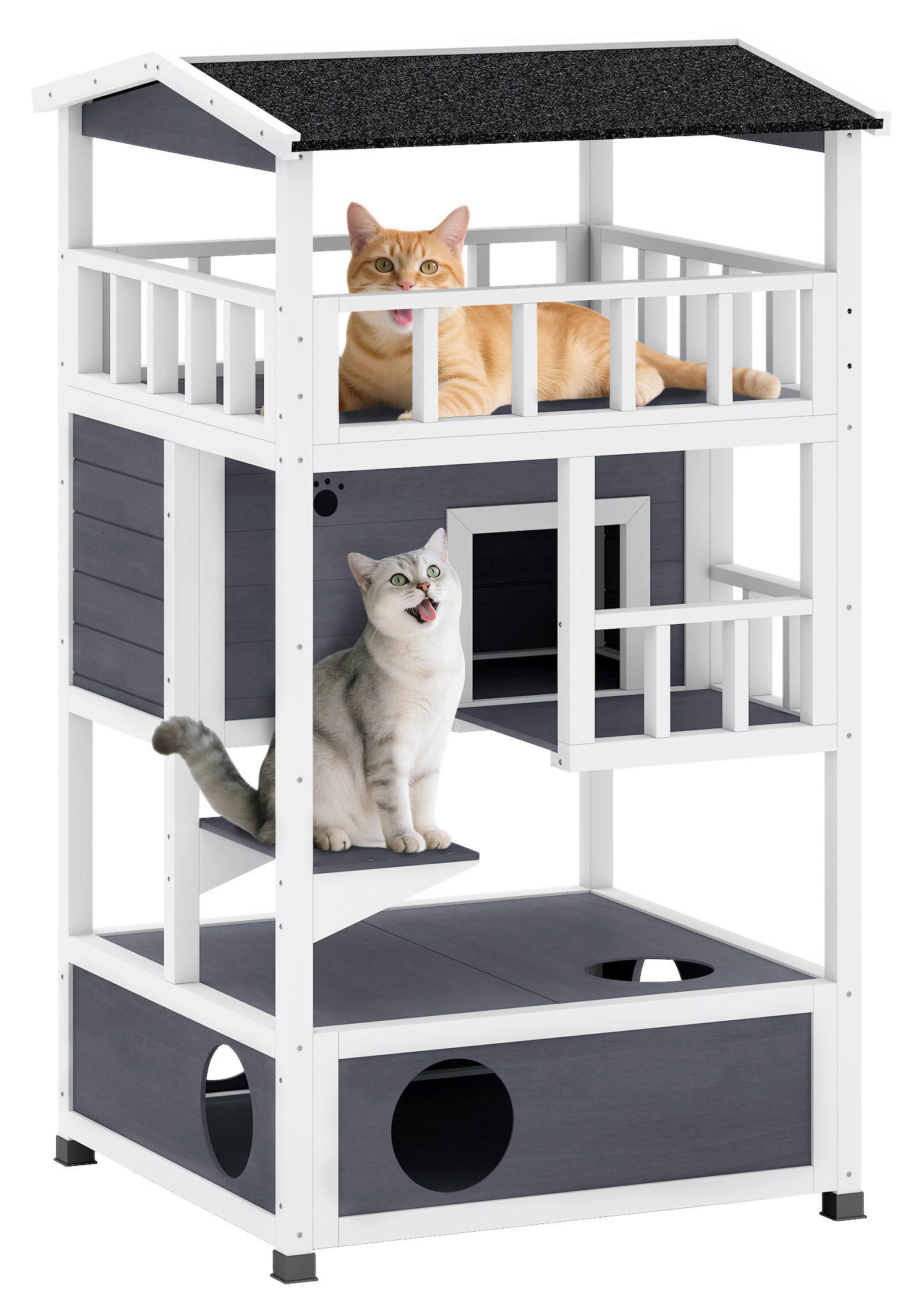 PawHut Katzenhaus weiß Holz B/H/L: ca. 75x137x75,5 cm Katzenhaus - weiß/grau (75,50/75,00/137,00cm) - PawHut