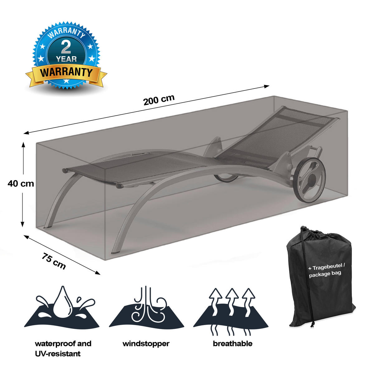Grasekamp Schutzhülle für Gartenliege Black Premium schwarz Polyester-Mischgewebe B/H/L: ca. 75x40x200 cm Black Premium - schwarz (200,00/75,00/40,00cm) - Grasekamp
