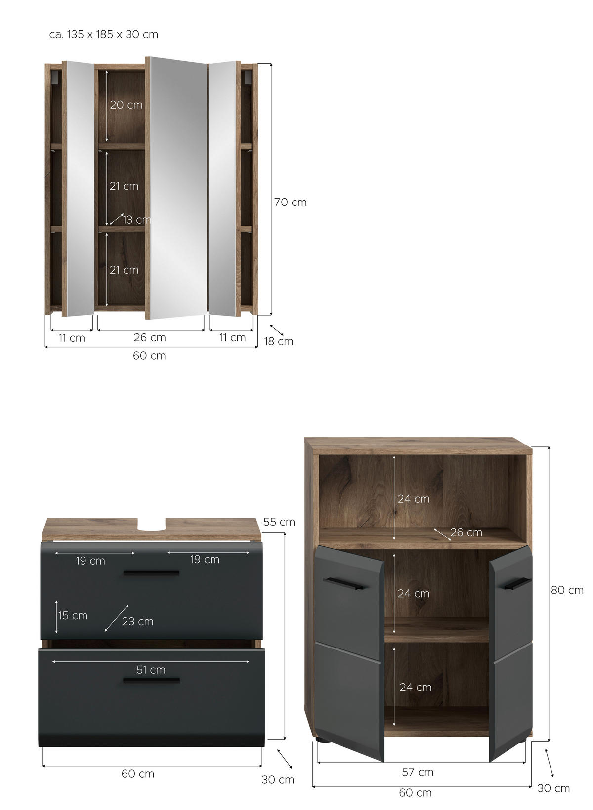 Badezimmer-Set Ice Nox Oak Nachbildung schwarz matt B/H/T: ca. 135x185x30 cm Ice - schwarz (135,00/185,00/30,00cm) - xonox.home