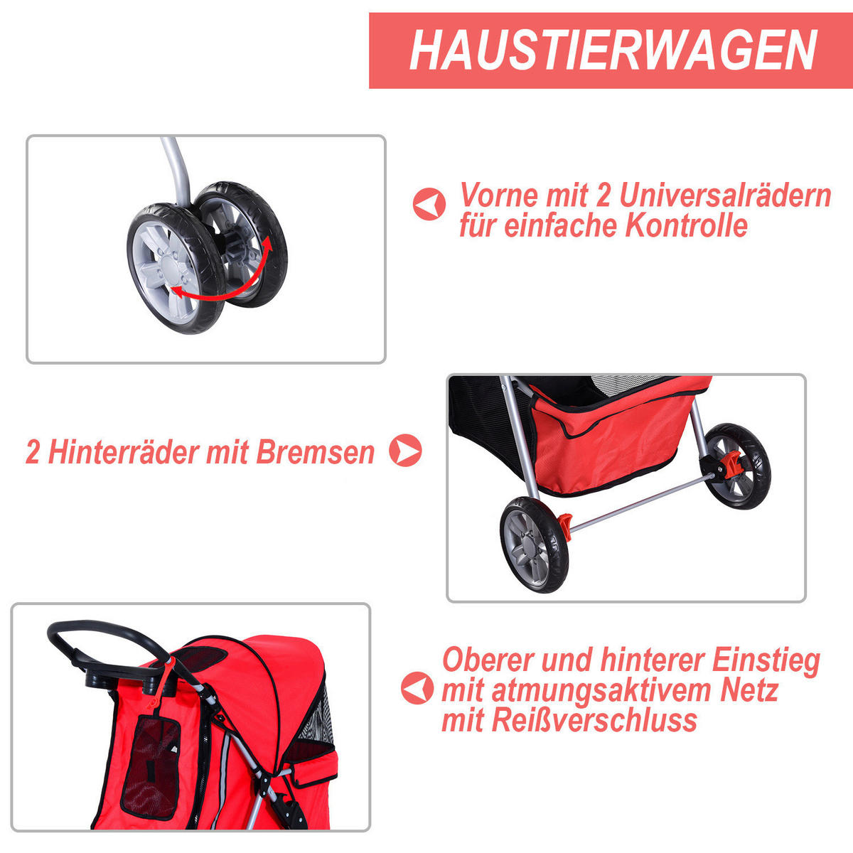 PawHut Hunde-Zubehör rot Polyester B/H/L: ca. 45x75x97 cm Hundewagen - rot (97,00/45,00/75,00cm) - PawHut