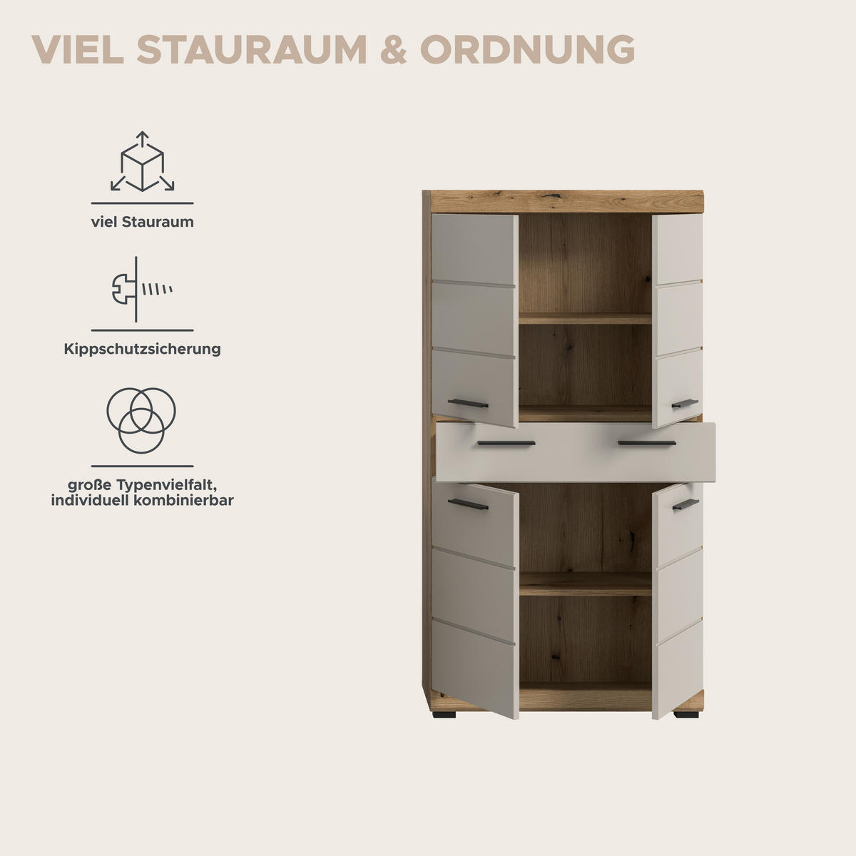 Midischrank Scout Evoke Oak Nachbildung Kaschmirgrau Nachbildung B/H/T: ca. 74x141x31 cm Scout - Kaschmirgrau (74,00/141,00/31,00cm) - xonox.home