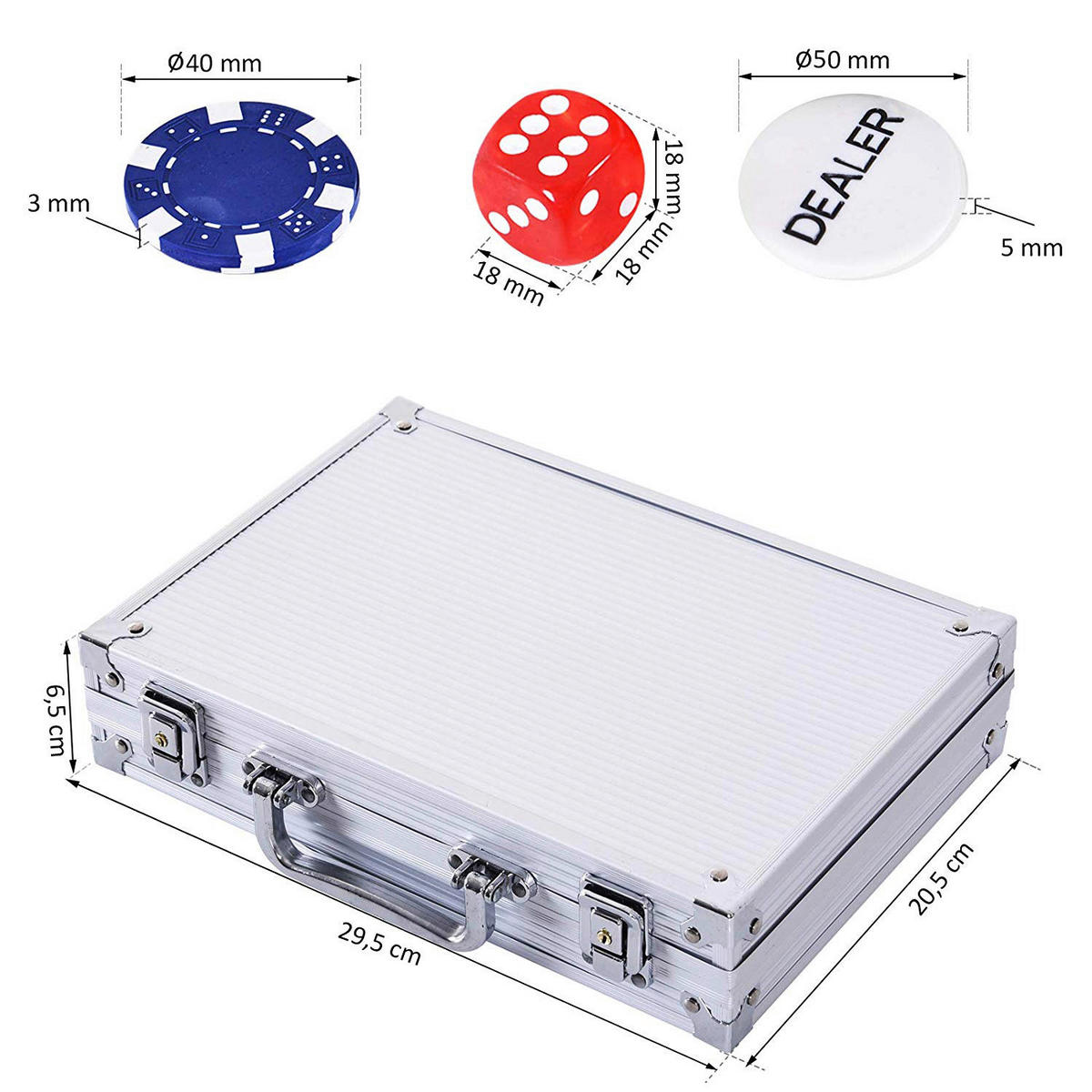HOMCOM Pokerkoffer B/H/L: ca. 20,5x6,5x29,5 cm Pokerkoffer_mit_200_Chips - silber (29,50/20,50/6,50cm) - HOMCOM
