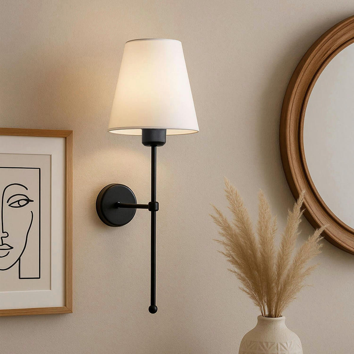 Opviq Wandleuchte creme schwarz PVC Metall B/H/L: ca. 13x50x13 cm E27 1 Brennstellen Wandleuchte_241966 - creme/schwarz (13,00/13,00/50,00cm) - Opviq