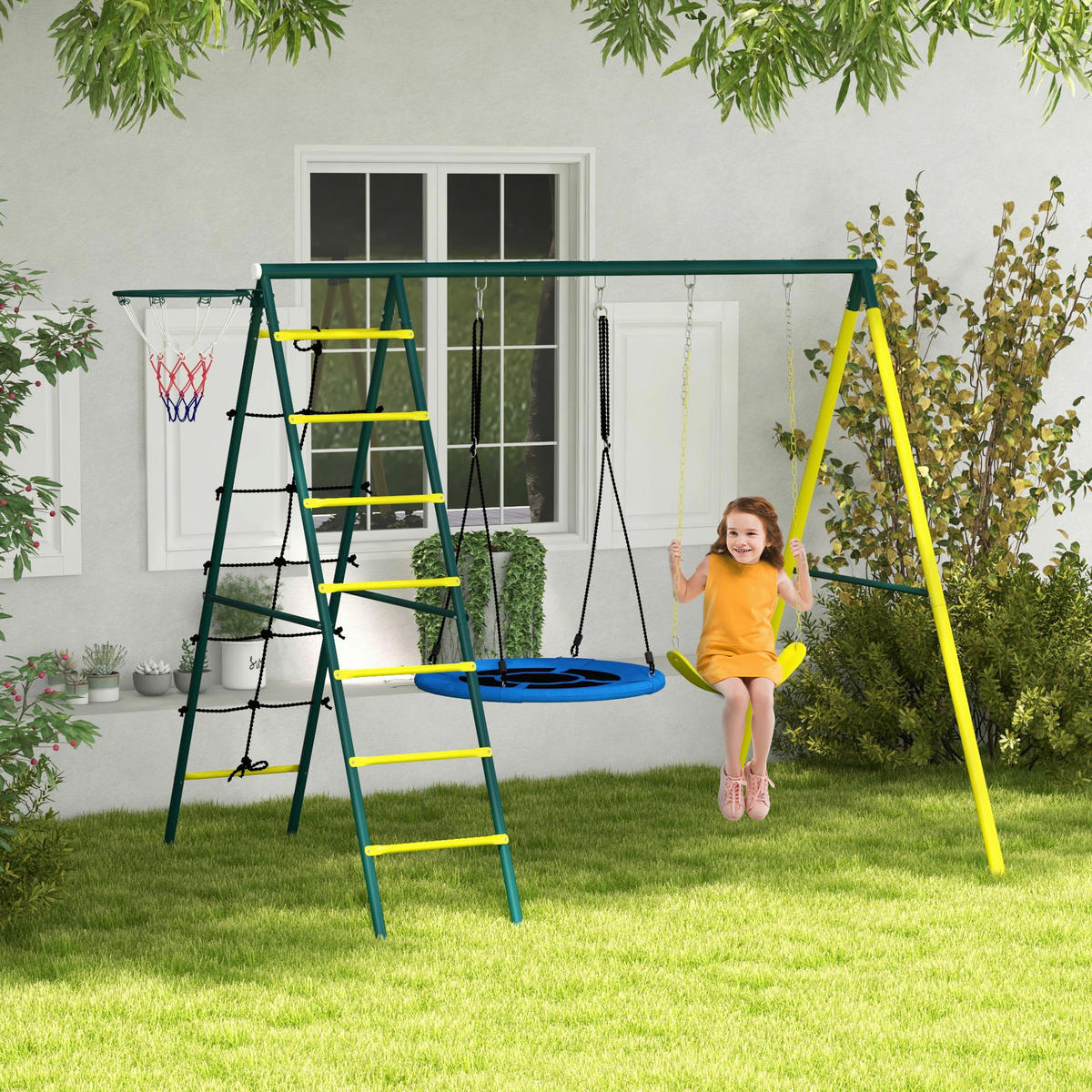Outsunny Kinderschaukel gelb B/H/L: ca. 180x202x267 cm Kinderschaukel - gelb/grün (267,00/180,00/202,00cm) - Outsunny