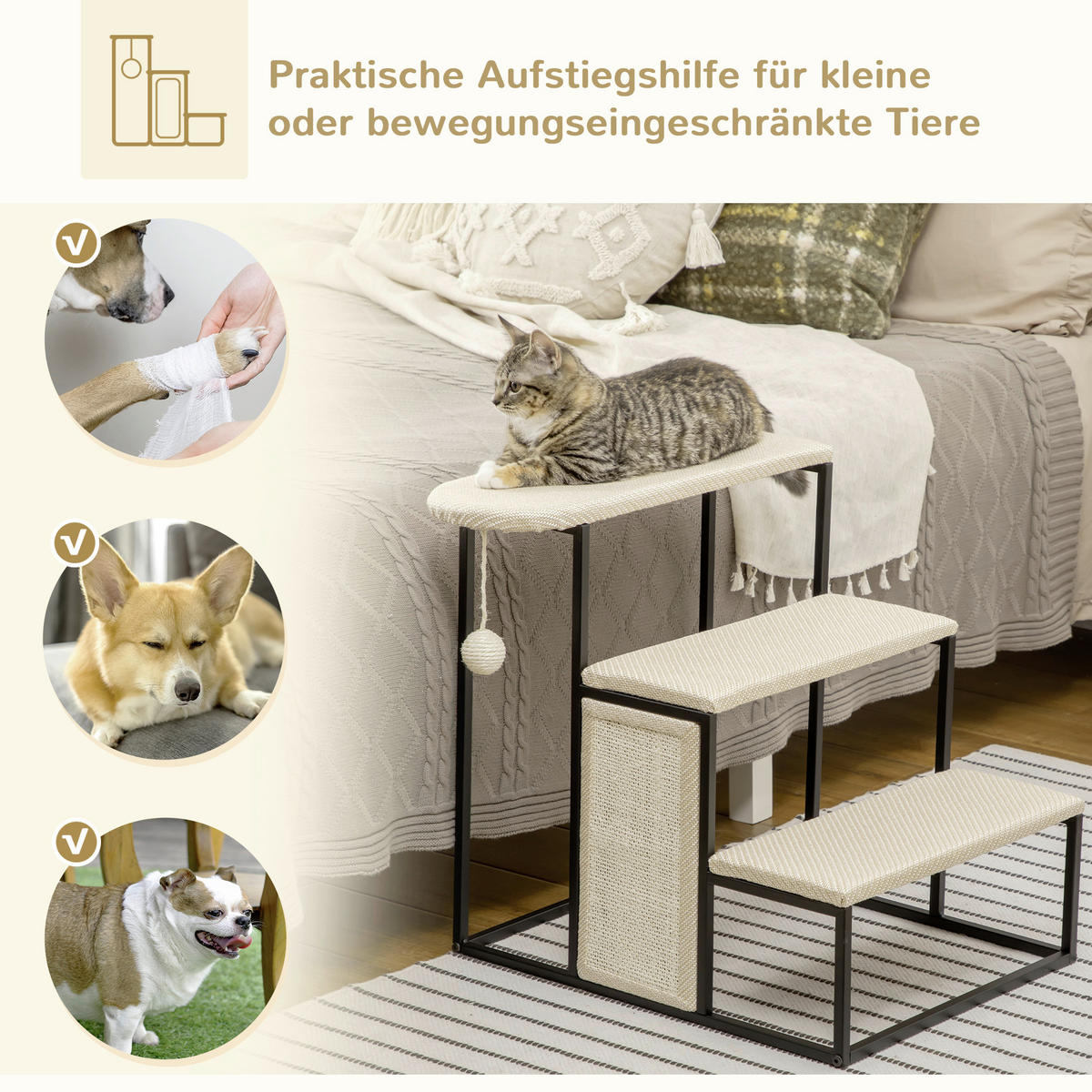PawHut 3-stufige Haustiertreppe mit Kratzbrett schwarz Edelstahl B/H/L: ca. 54x51x53 cm Haustiertreppe - schwarz/cremeweiß (53,00/54,00/51,00cm) - PawHut