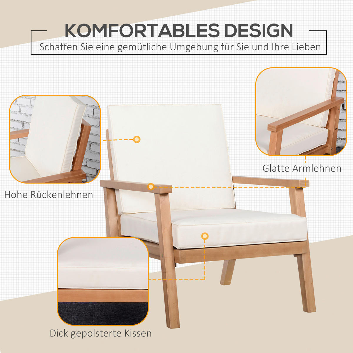 Outsunny Gartenstühle mit Kissen beige Holz B/H/L: ca. 77,5x74,5x66 cm Gartenstühle_mit_Kissen - beige/braun (66,00/77,50/74,50cm) - Outsunny