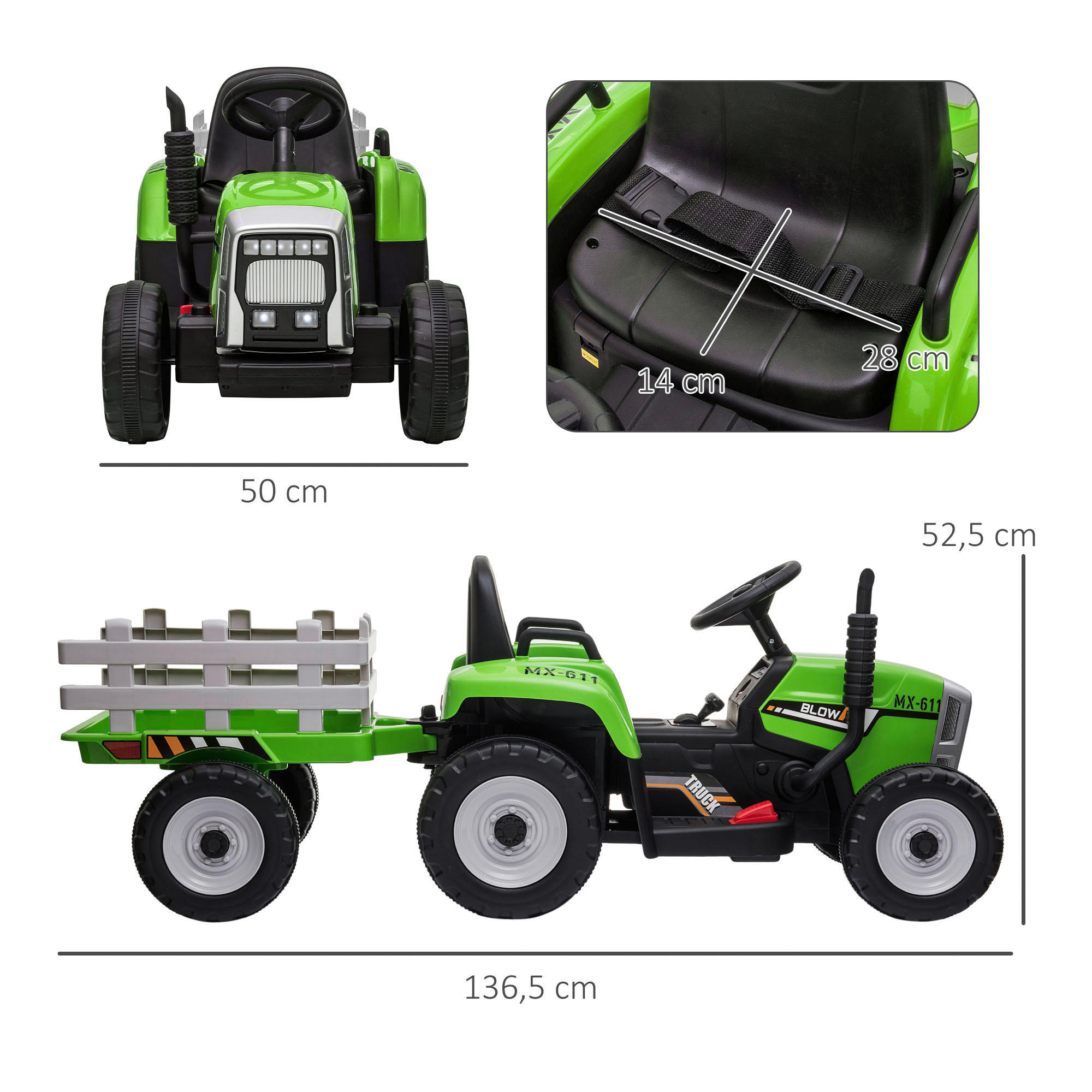 HOMCOM Kinder Elektro-Traktor grün B/H/L: ca. 50x52,5x136,5 cm Kinder Elektro-Traktor - grün (136,50/50,00/52,50cm) - HOMCOM