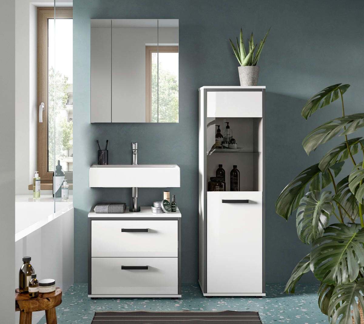 Badblock KOJAK weiß Hochglanz anthrazit grau B/H/T: ca. 115x188x37 cm KOJAK - weiß/anthrazit (115,00/188,00/37,00cm) - xonox.home