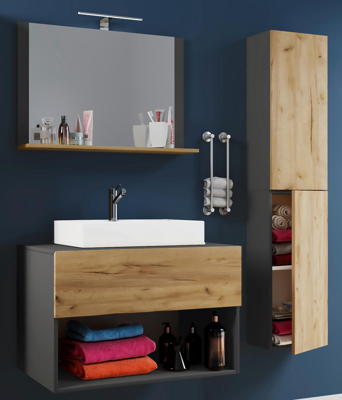 Waschplatz 4tlg-Lendas anthrazit Eiche Honig Nachbildung weiß B/H/T: ca. 80x150x52 cm 4tlg-Lendas - Eiche/weiß (80,00/150,00/52,00cm) - VCM Möbel
