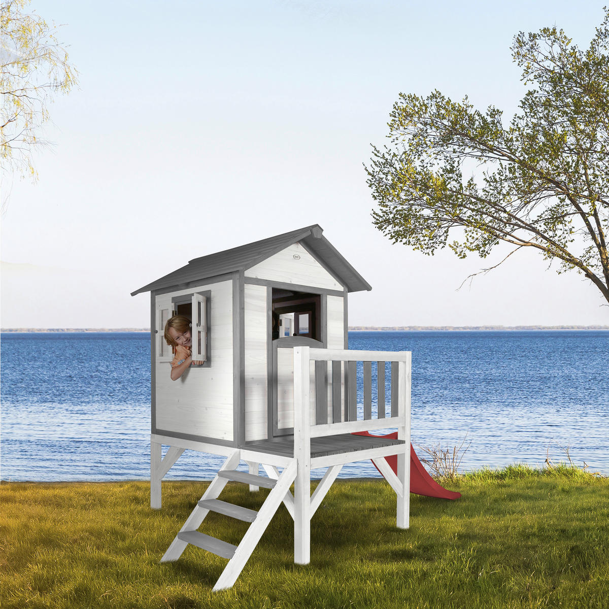 AXI Spielhaus Lodge XL grau B/H/T: ca. 240x189x167 cm Lodge XL - weiß/rot (240,00/189,00/167,00cm) - AXI