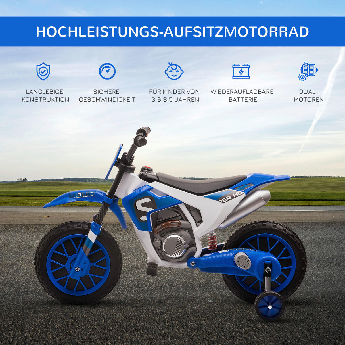 HOMCOM Kinder-Elektromotorrad blau B/H/L: ca. 51,5x68x106,5 cm Kinder-Elektromotorrad - blau (106,50/51,50/68,00cm) - HOMCOM