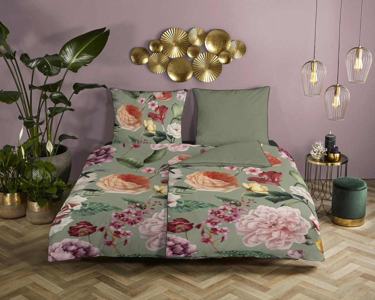 Baumwoll Bettwäsche Fiori Satin Fiori - grün (135,00/200,00cm) - Descanso