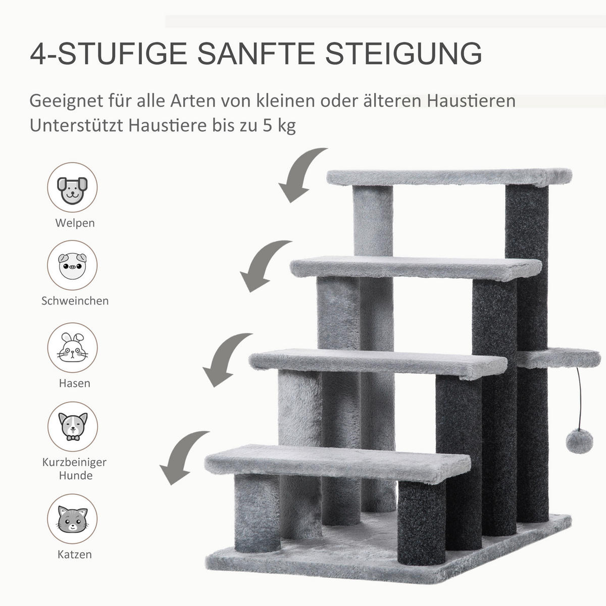 PawHut 4-stufige Haustiertreppe m. Ball grau Polypropylen B/H/L: ca. 40x60x64 cm Haustiertreppe - grau (64,00/40,00/60,00cm) - PawHut
