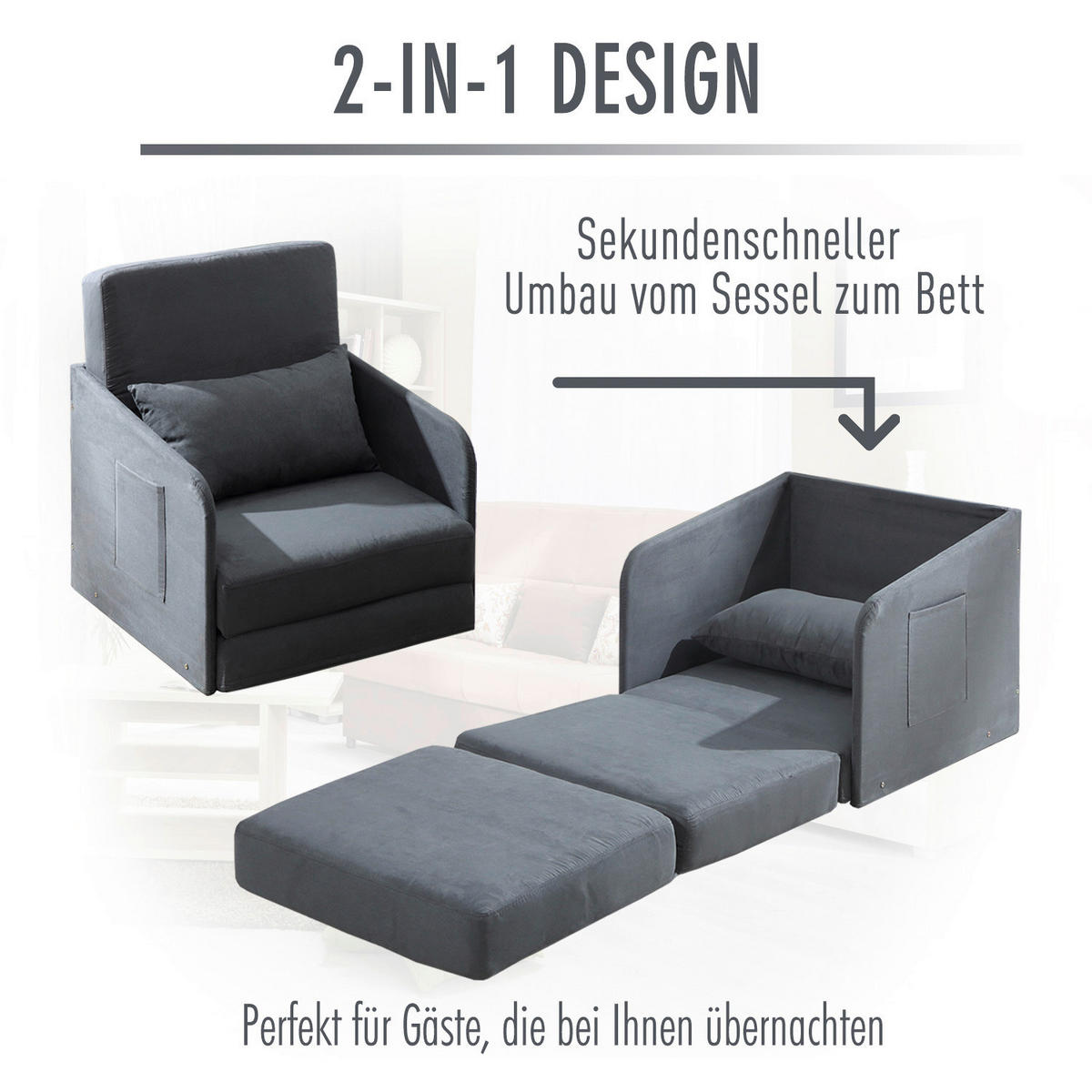 Schlafsofa 833-036 grau B/H/T: ca. 70x77x76 cm 833-036 - grau (70,00/77,00/76,00cm) - HOMCOM