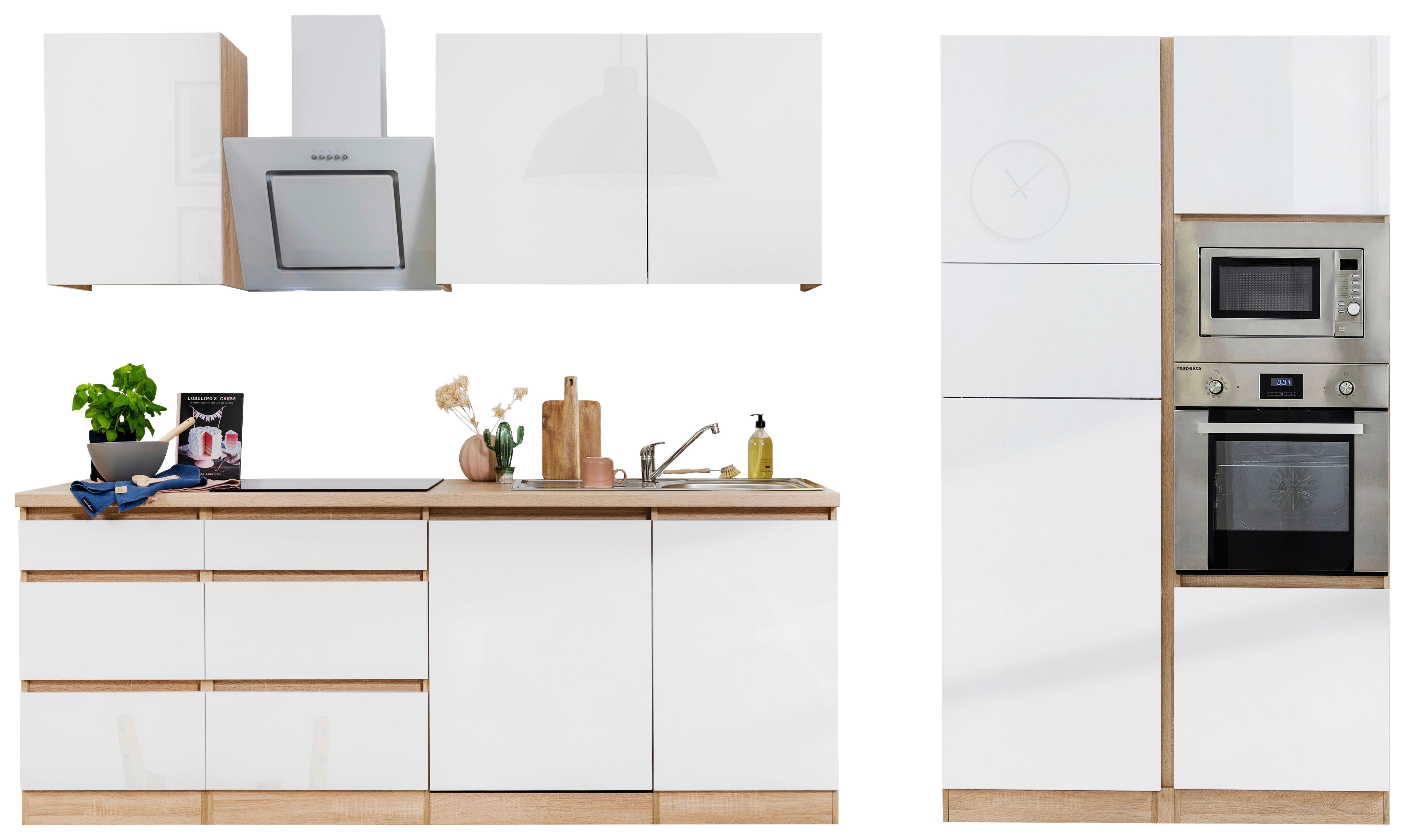 Respekta Küchenblock Premium weiß hochglänzend B/H/T: ca. 345x220,5x60 cm Premium - Eiche/weiß (345,00/220,50/60,00cm) - Respekta