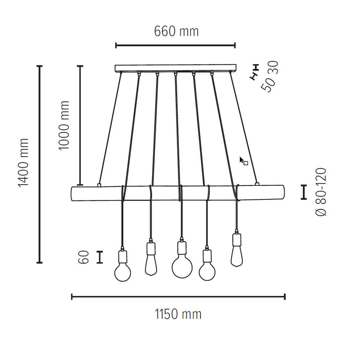 SPOT Light Pendelleuchte SP-69314504 Trabo Long rosenholz schwarz Kiefer Metall H/L/D: ca. 140x115x10 cm E27 5 Brennstellen Trabo Long - rosenholz/schwarz (10,00/140,00cm) - SPOT Light