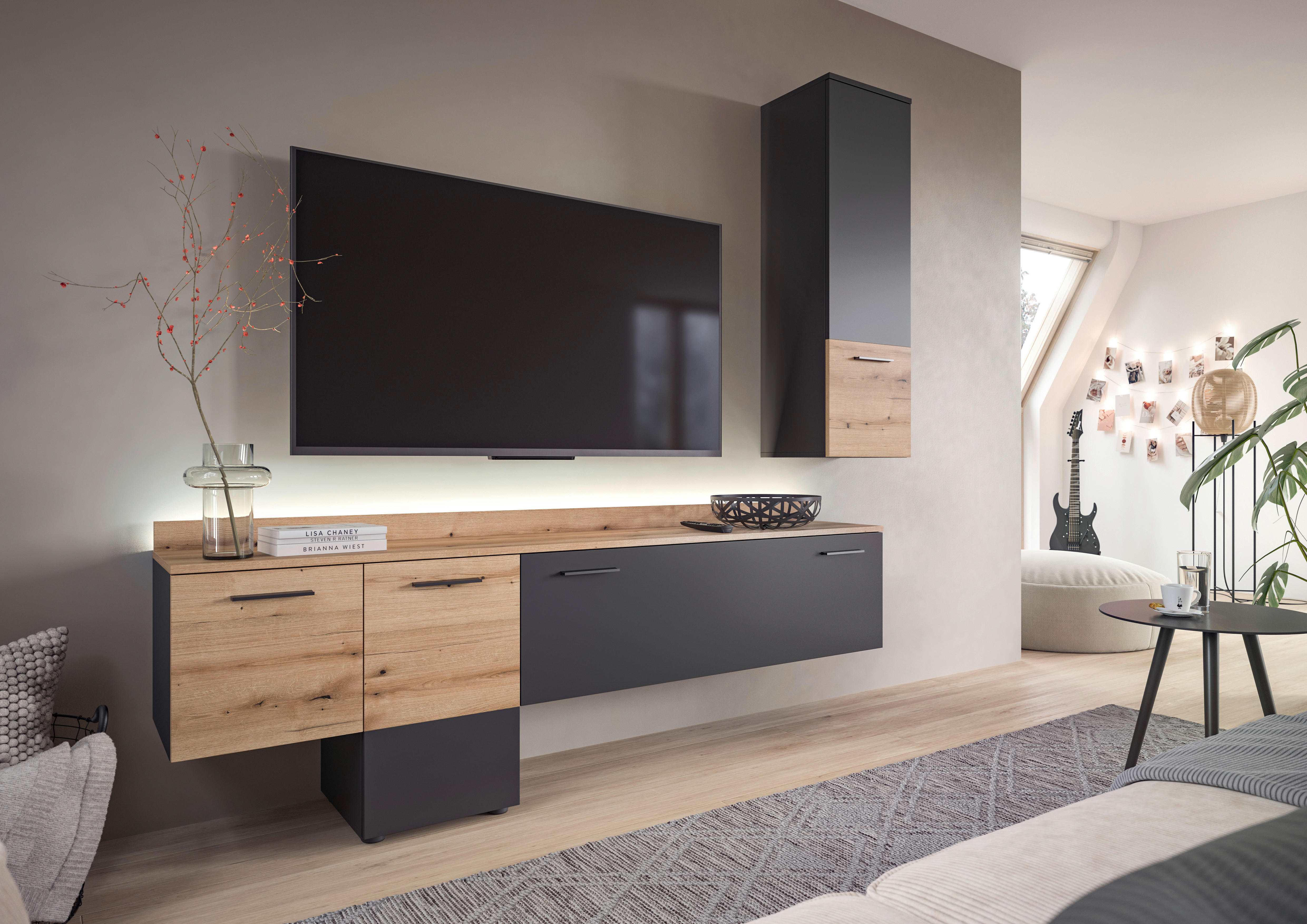 Thumbnail - Wohnwand Goal grau Evoke Oak Nachbildung B/H/T: ca. 195x196x37 cm