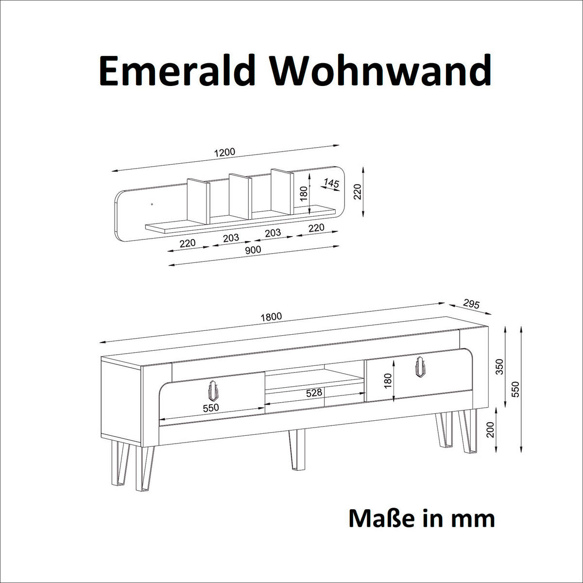 Wohnwand Emerald Rebab braun dunkelgrau B/H/T: ca. 180x55x30 cm Emerald - dunkelgrau/Rebab braun (180,00/55,00/30,00cm) - moebel17