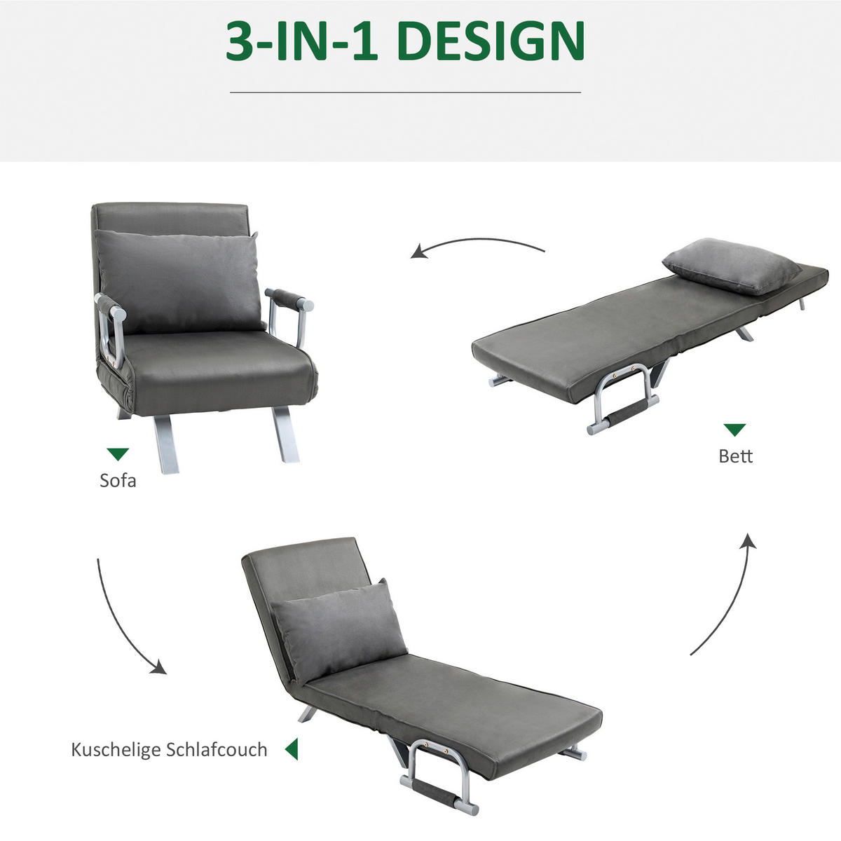 Schlafsofa 833-040 hellgrau Kunstleder B/H/T: ca. 65x80x69 cm 833-040 - hellgrau (65,00/80,00/69,00cm) - HOMCOM