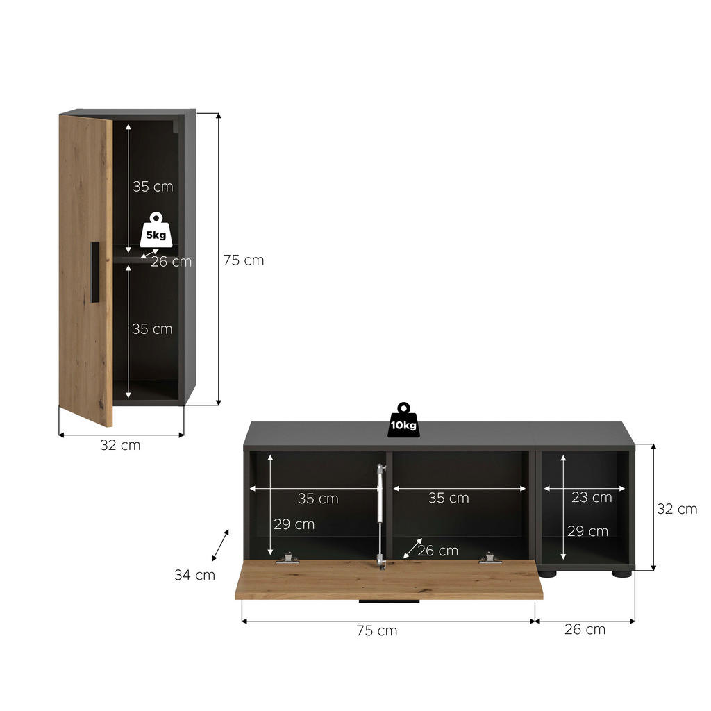 Thumbnail - Wohnwand-Set TheOne Eiche Artisan Nachbildung anthrazit B/H/T: ca. 75x32x34 cm