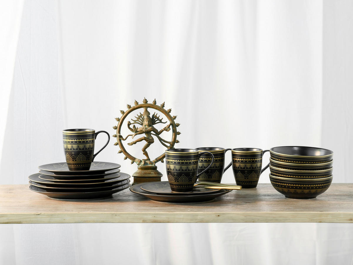 CreaTable Kombiservice MANDALA GOLD schwarz Steinzeug 16 tlg. MANDALA GOLD - gold/schwarz - CreaTable