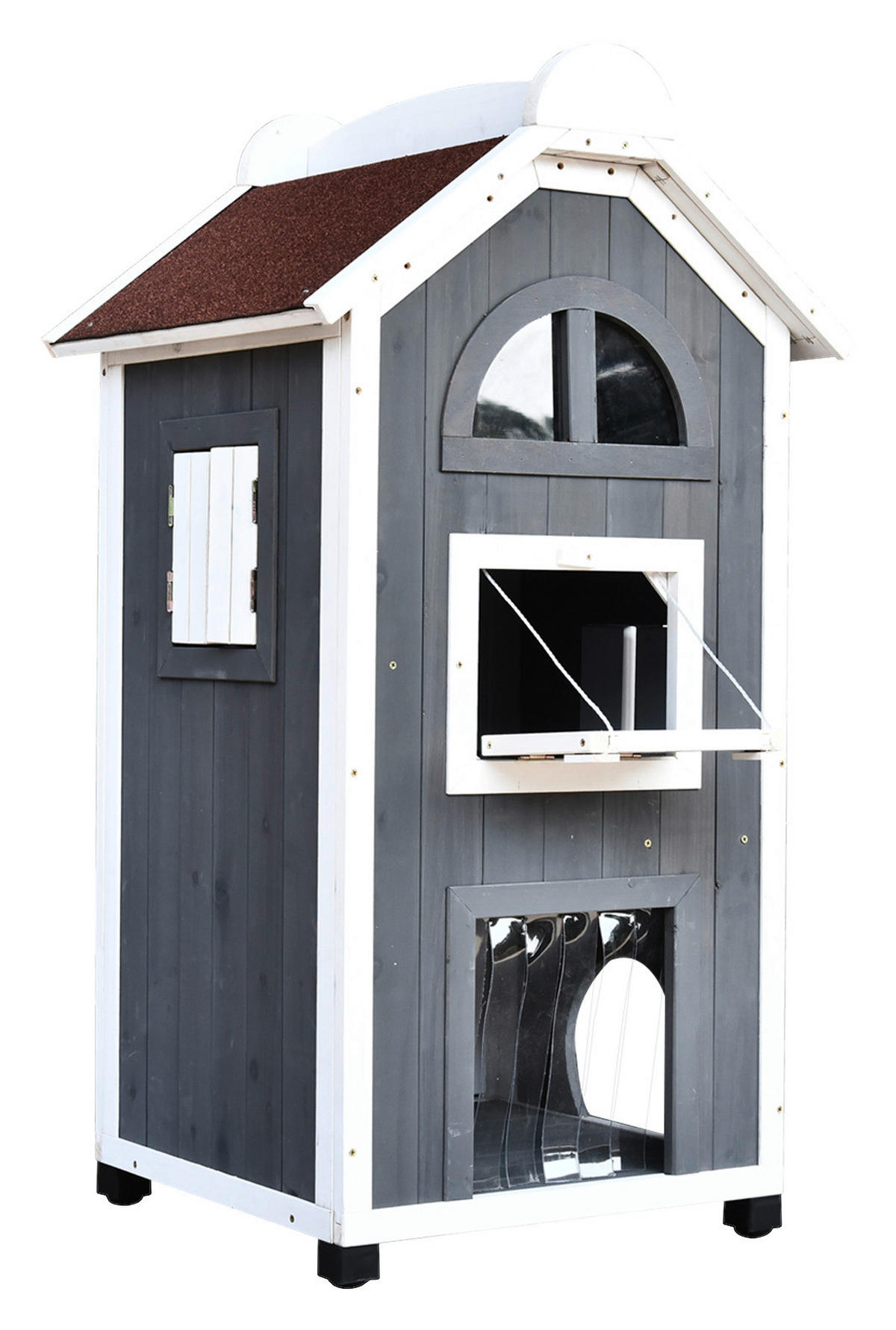 PawHut Katzenvilla grau Holz B/H/L: ca. 55x109x59 cm Katzenvilla - weiß/grau (59,00/55,00/109,00cm) - PawHut
